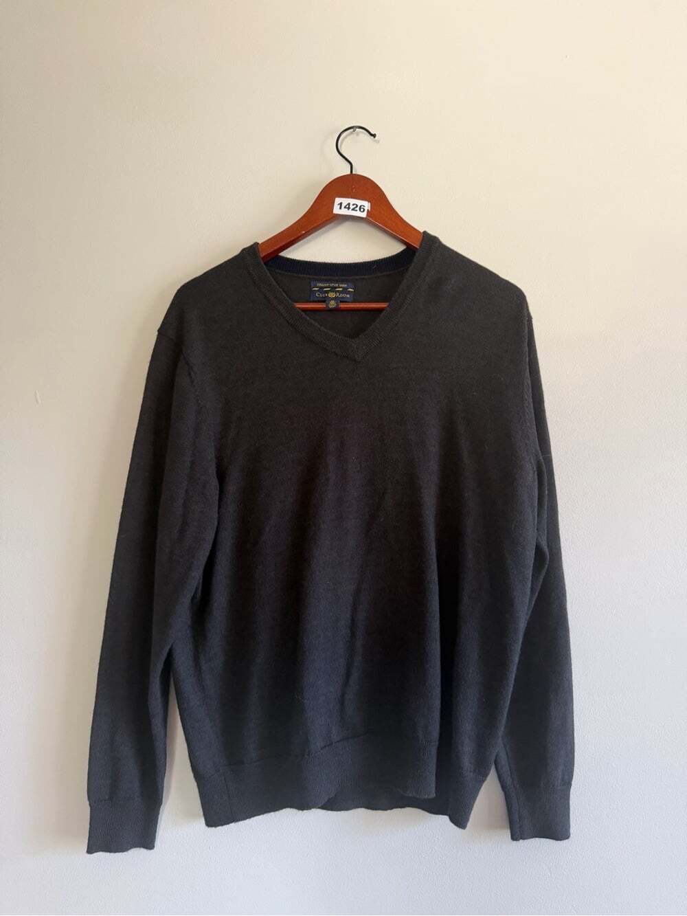Club Room Merino Wool V-Neck Sweater – Dark Charcoal Classic Preppy Knit - Picture 2 of 6